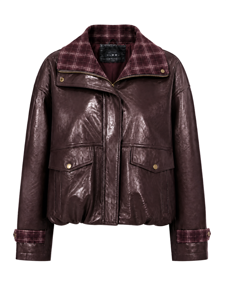 Damen Kunstlederjacke | Lässige Jacke mit Karokragen, Reißverschluss und Pattentaschen