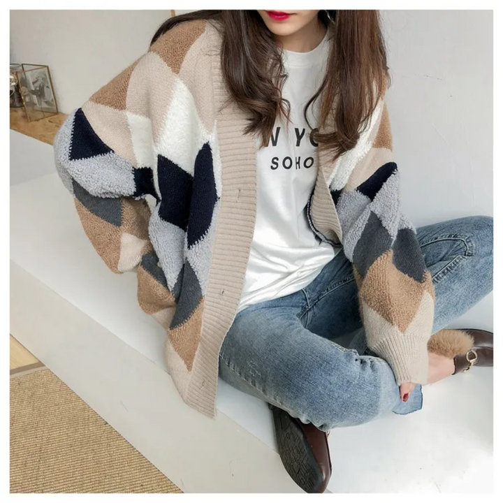 Damen Cardigan mit Karomuster und V-Ausschnitt | Oversized Strickjacke mit Knopfleiste, Ballonärmeln und lockerer Passform
