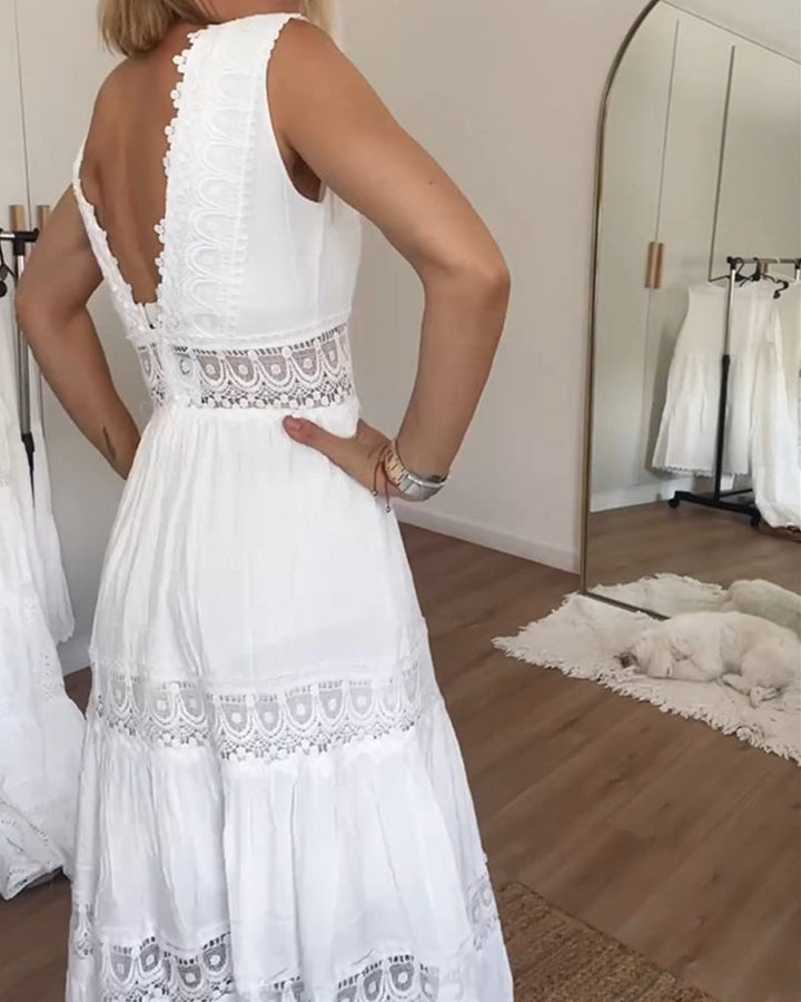 Sommerkleid Damen | Maxikleid mit V-Ausschnitt, Spitzen-Details und fließender Silhouette für warme Tage