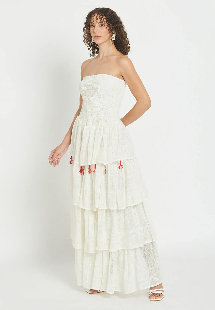 Damen Gestuftes Maxi-Kleid mit Schulterfreiem Ausschnitt | Gesmoktes Oberteil | Luftiges Sommerkleid mit Stickerei