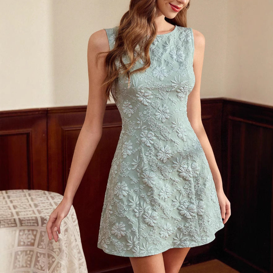Damen Sommerkleid | Ärmelloses Midikleid mit floralem Jacquard-Muster im eleganten Stil