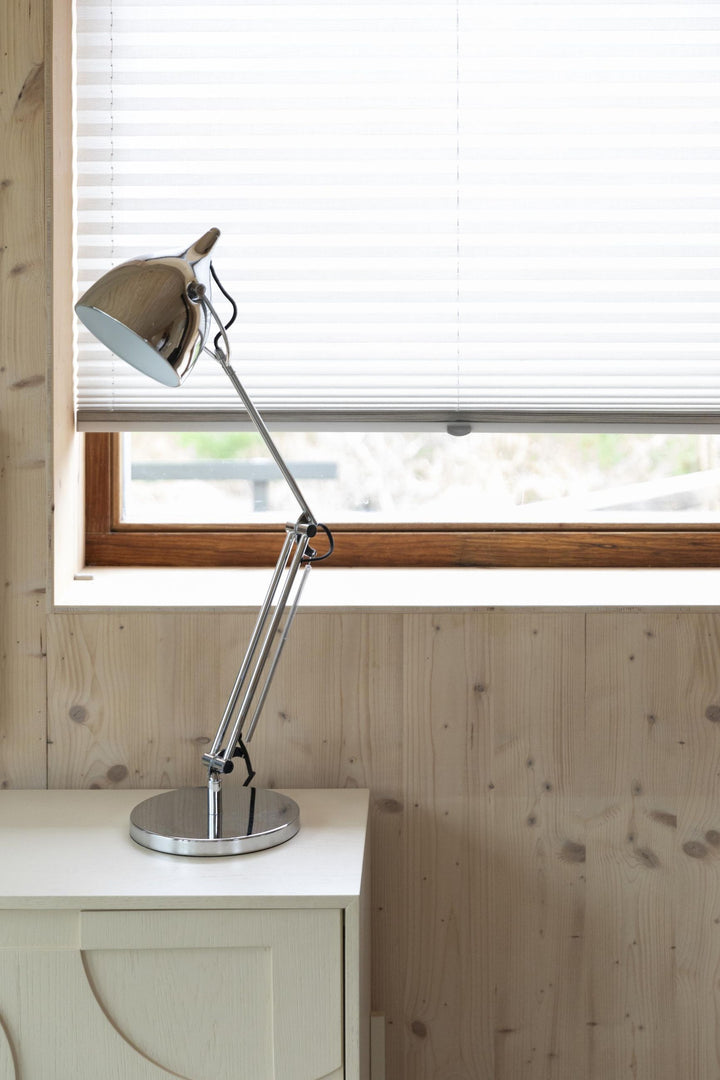 Schreibtischlampe | Verstellbare Chrom Tischleuchte aus Eisen mit E27-Fassung für Arbeitsplatz und Lesen
