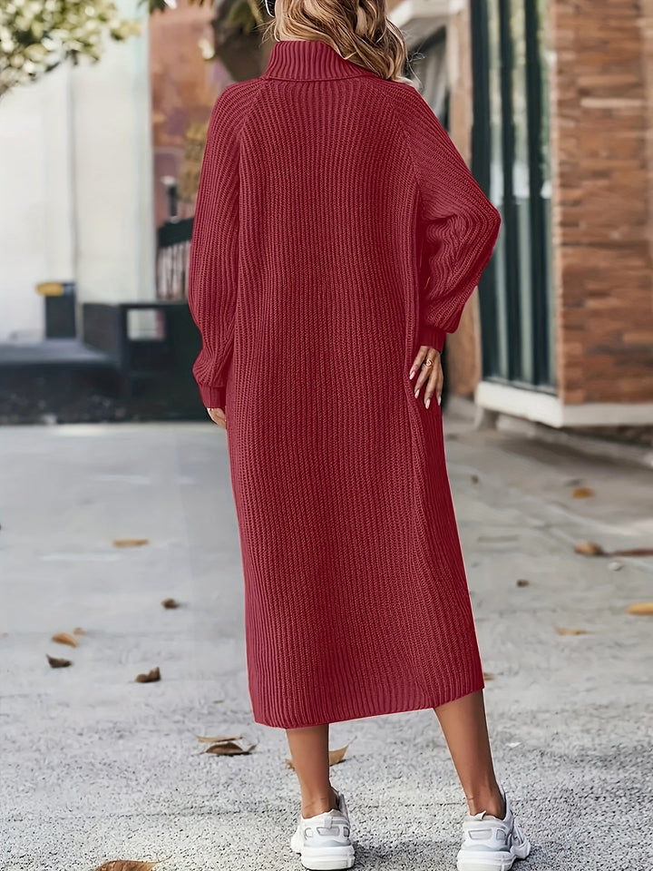 Damen Strickkleid Midi mit Rollkragen | Warmes Langarm-Pulloverkleid mit lockerer Passform und Raglanärmeln für Herbst und Winter