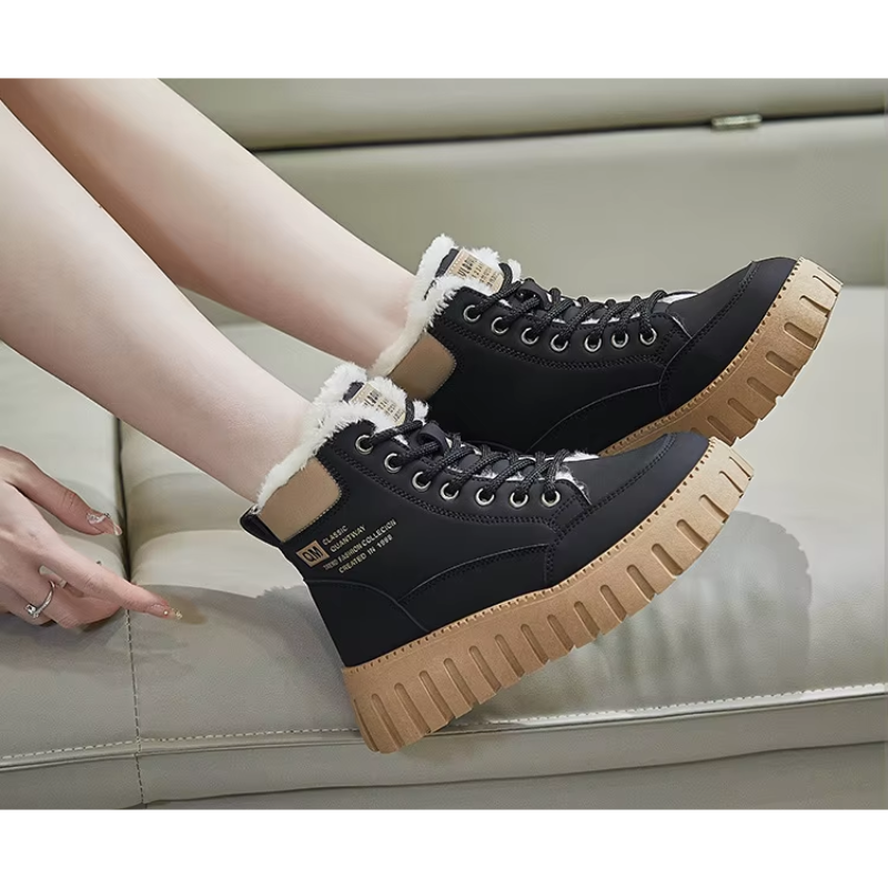 Damen Winterstiefel mit dickem Fellfutter | Warme Schnürstiefel mit rutschfester Profilsohle in Schwarz und Khaki für kalte Tage