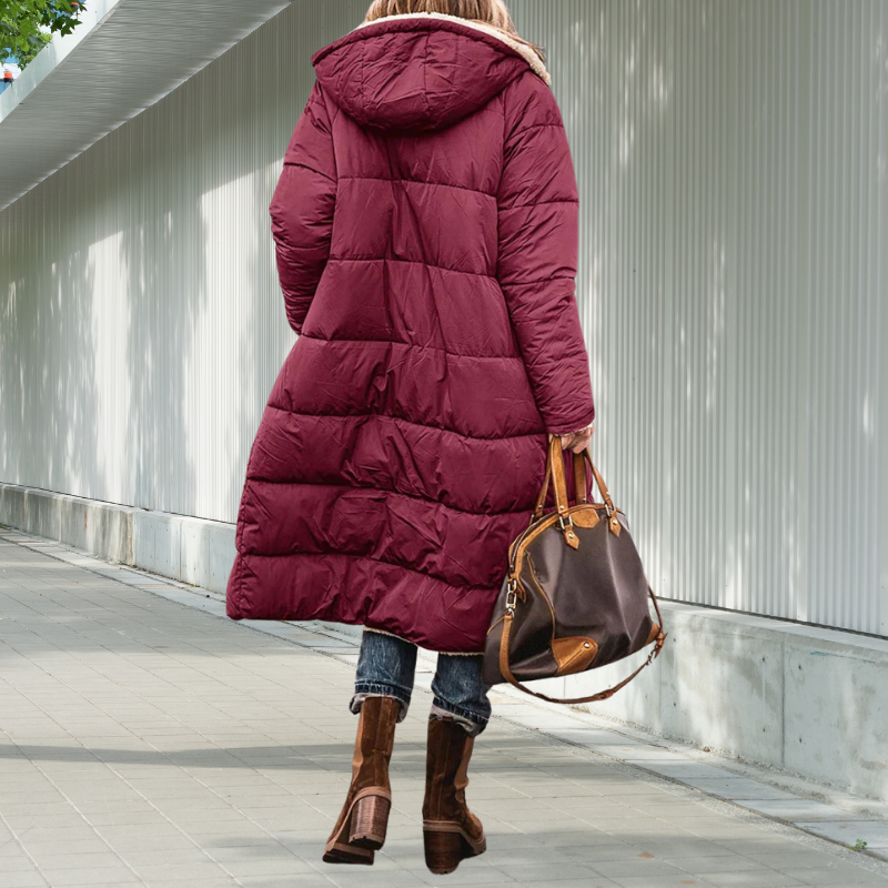 Damen Winterjacke lang mit Kapuze | Wattierte lange Jacke mit Reißverschluss und Seitentaschen für Alltag und kalte Tage