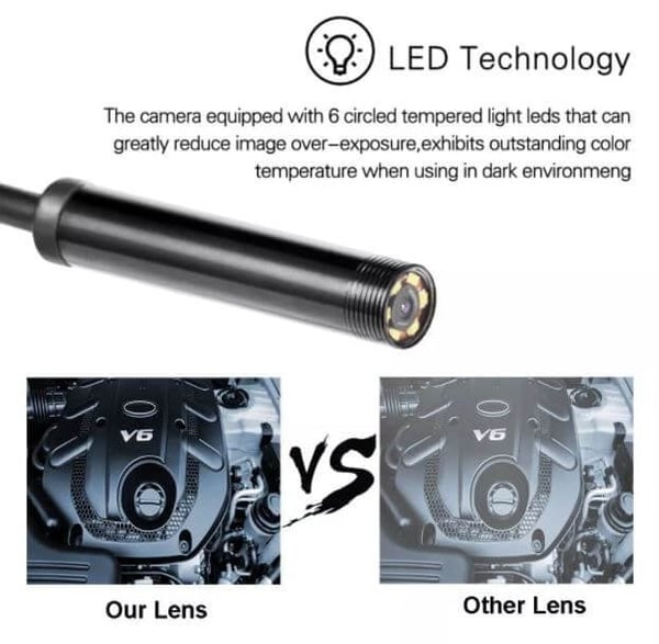 Endoskopkamera 3-in-1 für Handy &amp; PC | 7 mm Sonde, IP67 wasserdicht | 6 LED-Lichter dimmbar | 720p HD | Kabel 1–10 m