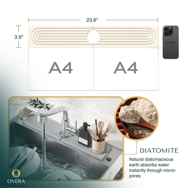 Superabsorbierende Steinmatte für Spüle &amp; Wasserhahn | Diatomit-Abtropfmatte 60 × 10 cm | Schnell trocknend &amp; geruchsarm