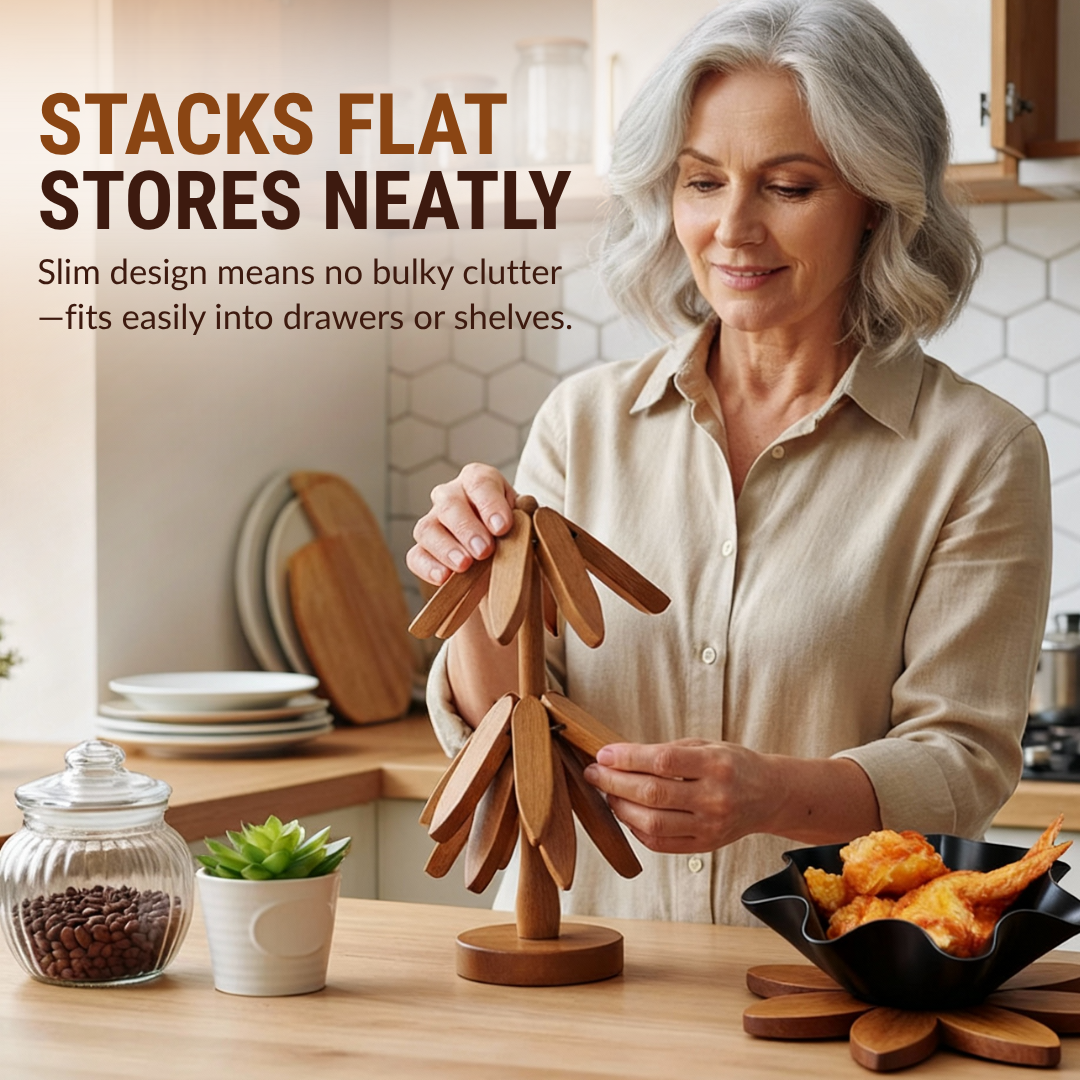 Wooden trivet set 3 + holder | Heat- &amp; water-resistant hardwood 18x18 cm | Stackable in light/dark brown