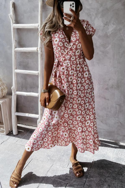 Damen Midikleid mit Gänseblümchenmuster | A-Linie &amp; herzförmiger Ausschnitt | Leichtes Material für Sommer &amp; Events