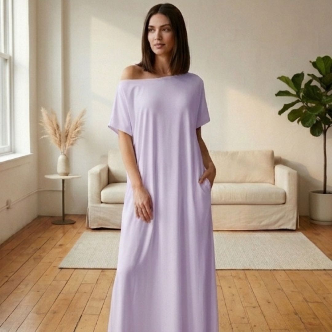 Off-shoulder maxi dress with pockets | Loose and airy | Summer dress with wide neckline S–2XL