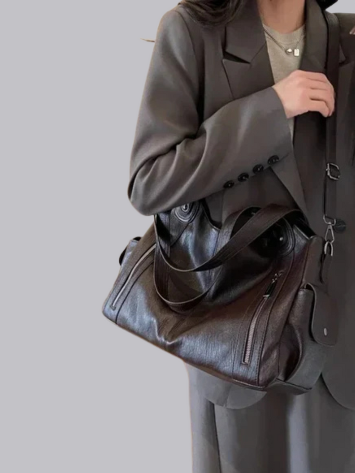 Damen Schultertasche | Große Umhängetasche aus veganem Kunstleder mit Reißverschluss und Laptopfach