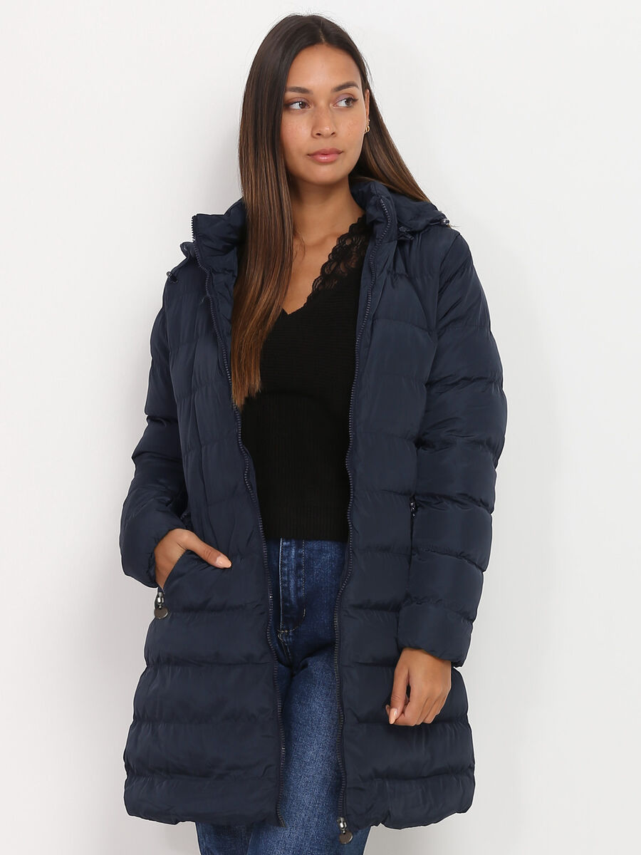 Damen Daunen Winterjacke mit Kapuze | Langer Schnitt mit durchgehendem Reißverschluss für vielseitige Winterlooks