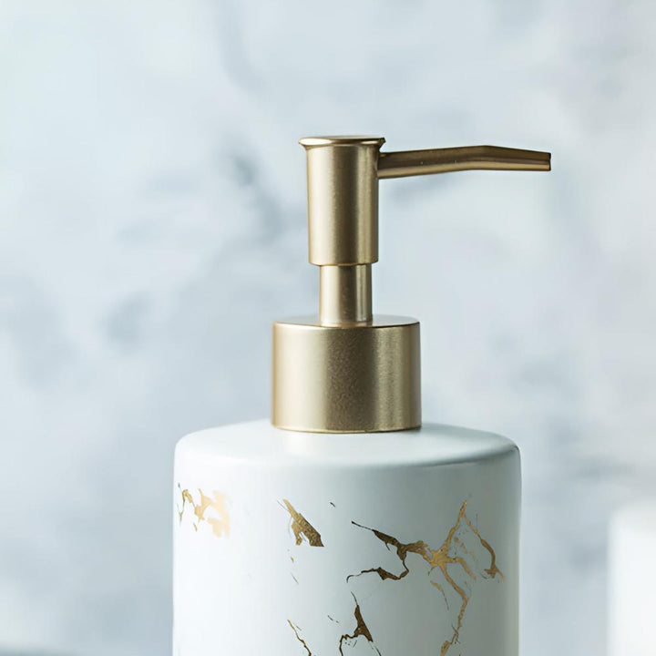 Distributeur de savon de luxe en céramique | Aspect marbre &amp; accents dorés | 400 ml, élégant pour salle de bain &amp; cuisine