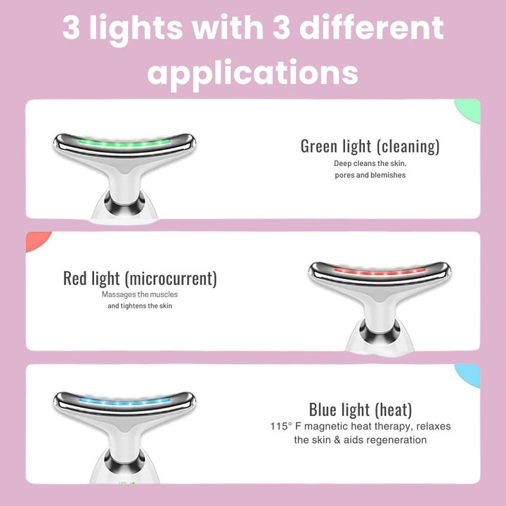 Anti-Falten Nacken- &amp; Gesichtsmassagegerät | Ionenreinigung, Vibration &amp; Wärme | LED Rot/Blau/Grün | USB-aufladbar