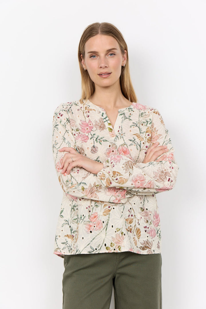 Damen Bluse | Bluse mit V-Ausschnitt, langen Ärmeln und floralem Muster