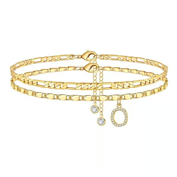 Chaîne de cheville lettres multicouches et réglable | Hypoallergénique, sans nickel ni plomb | Or/argent | 21,5 cm + 5 cm