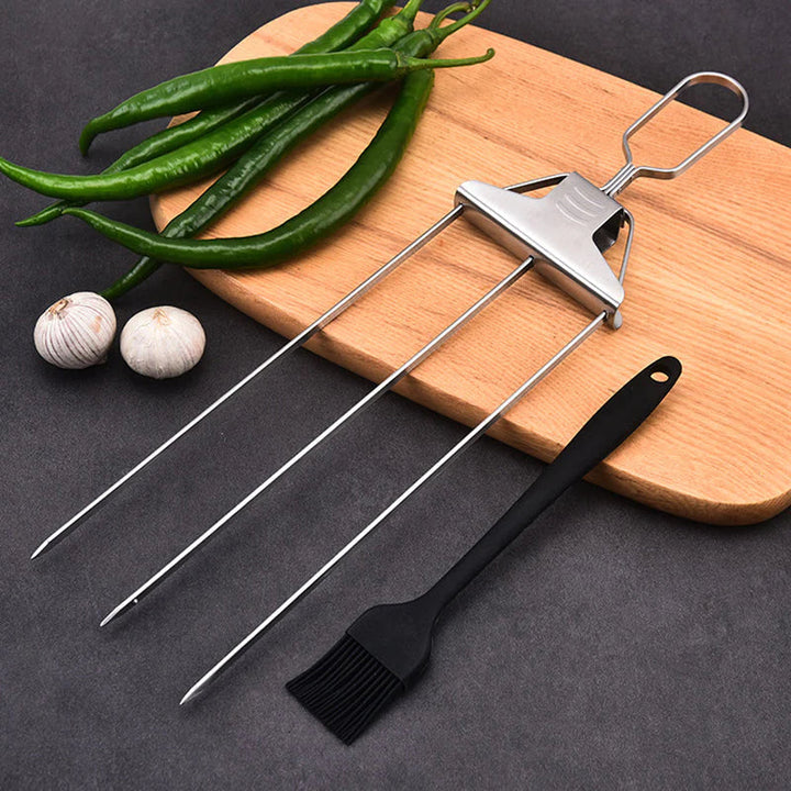 Edelstahl Grillspieße mit 9 Zinken – BlazeTrio für gleichmäßiges Garen von Fleisch, Fisch &amp; Gemüse | Spülmaschinenfest | inkl. Oxford-Tasche