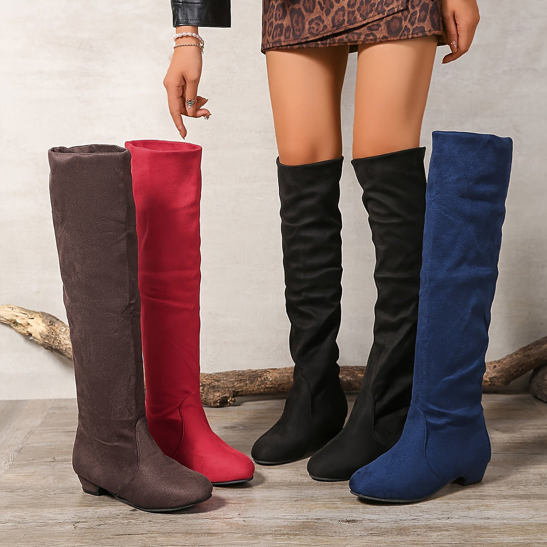 Damen Overknee Stiefel mit Blockabsatz | Hohe Schlupfstiefel mit rundem Zehenbereich und überkniehohem Schaft