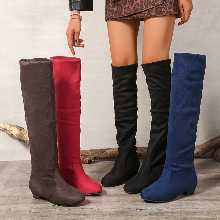 Damen Overknee Stiefel mit Blockabsatz | Hohe Schlupfstiefel mit rundem Zehenbereich und überkniehohem Schaft