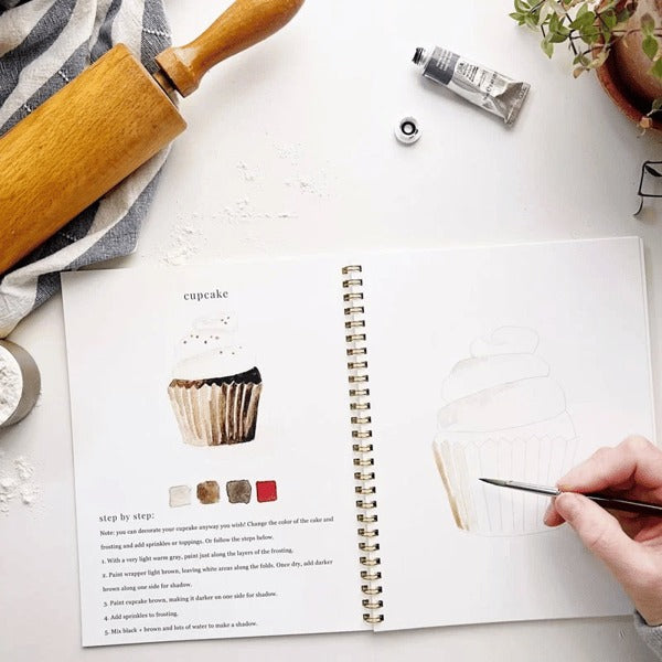 Cahier de travail aquarelle pour débutants | 12 motifs avec guide étape par étape | Papier 120 lb, 6,5"×9", mélange et peinture
