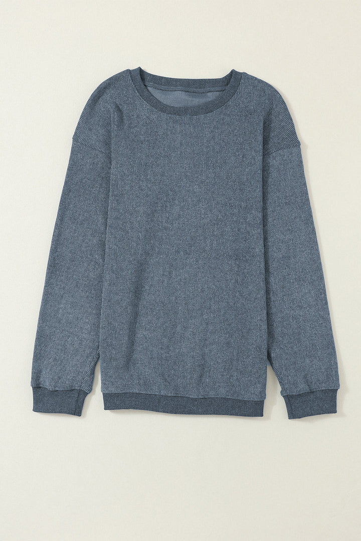 Damen Rippstrickpullover Blau mit Rundhalsausschnitt | Langer Pullover mit lockerer Passform und langen Ärmeln | Größen S–3XL