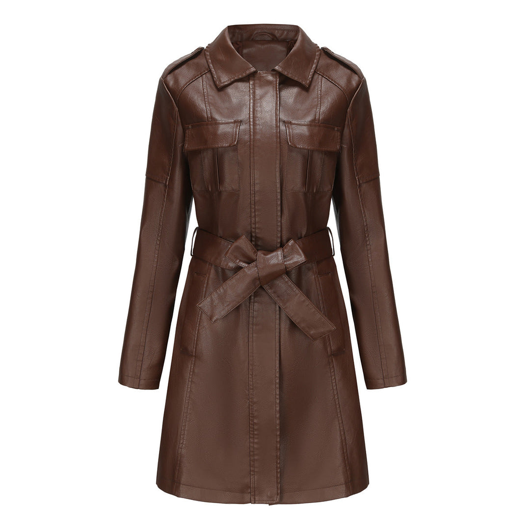 Damen Kunstledermantel mit Gürtel | Mittellanger Mantel im britischen Stil mit Taschen und langen Ärmeln für Herbstlooks