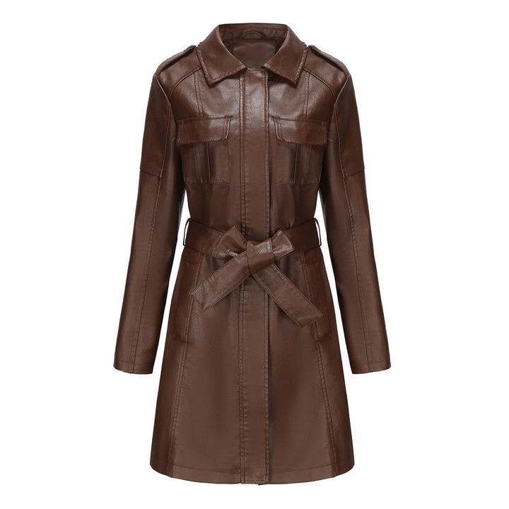 Damen Kunstledermantel mit Gürtel | Mittellanger Mantel im britischen Stil mit Taschen und langen Ärmeln für Herbstlooks
