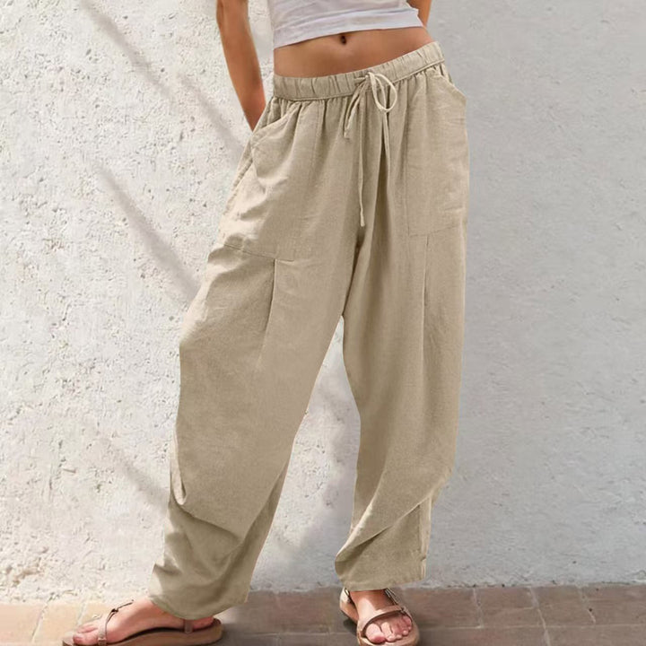 Damen Leinenhose mit Kordelzug aus Baumwoll-Leinen | Gerade Loungehose mit Taschen | Lockere Sommerhose für Alltag &amp; Freizeit