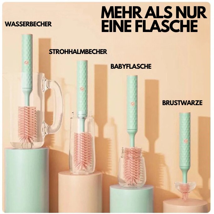 Elektrische Flaschenbürste mit 360° rotierenden Silikonborsten – CleanNest | BPA-frei, kratzfrei | inkl. Wechselaufsätze