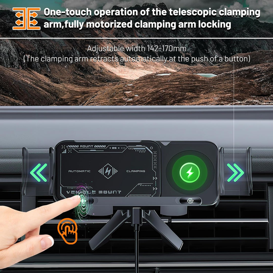 Auto Handyhalterung mit 15W Wireless Charging | Automatische Klemmung &amp; 90° Rotation | Lüftungsgitter-Halterung für Smartphones