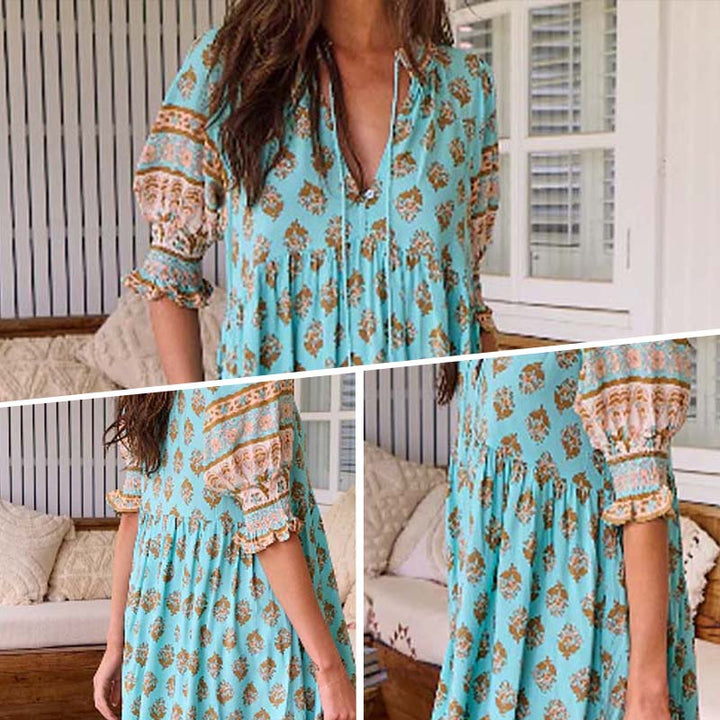 Boho-kukkakuvioinen mekko V-kaula-aukolla | Korkea vyötärö &amp; A-linjainen leikkaus | Hengittävä &amp; liehuva