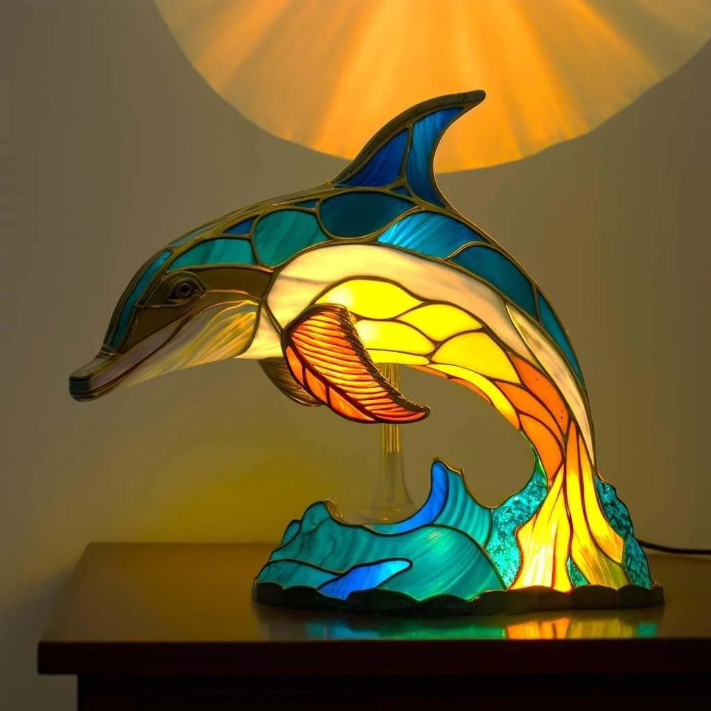 Tischlampe aus Buntglas mit Tiermotiv | Handgefertigt aus Glas &amp; Metall | Farbwechsel-LED, kompakt 20 × 15 × 12 cm