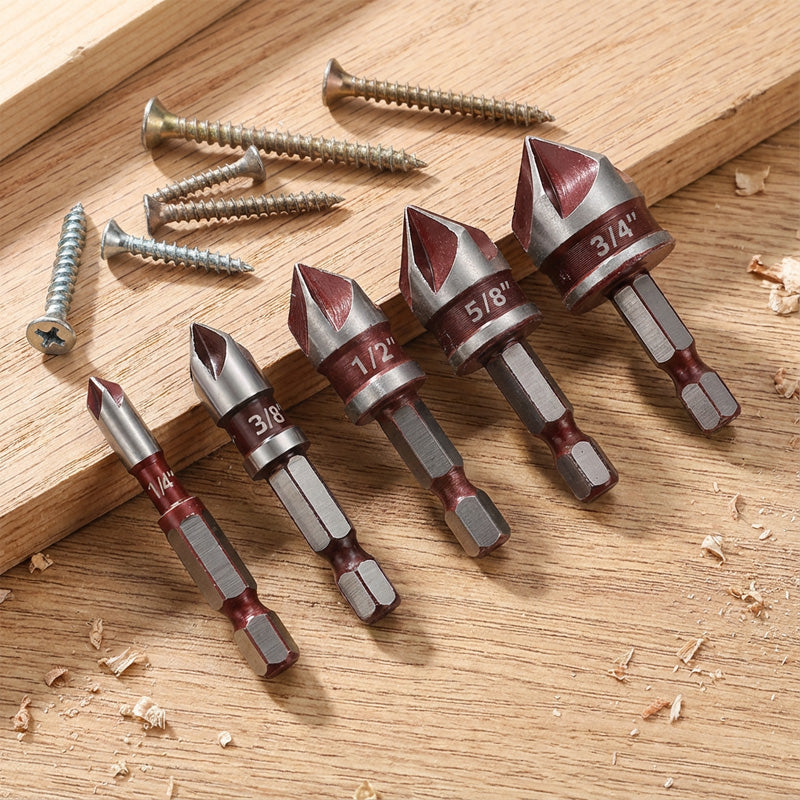 Countersink drill bit set with hex shank | Clean, splinter-free holes &amp; smooth edges | 5 flutes for chip removal | Carbon steel | 3- or 5-piece