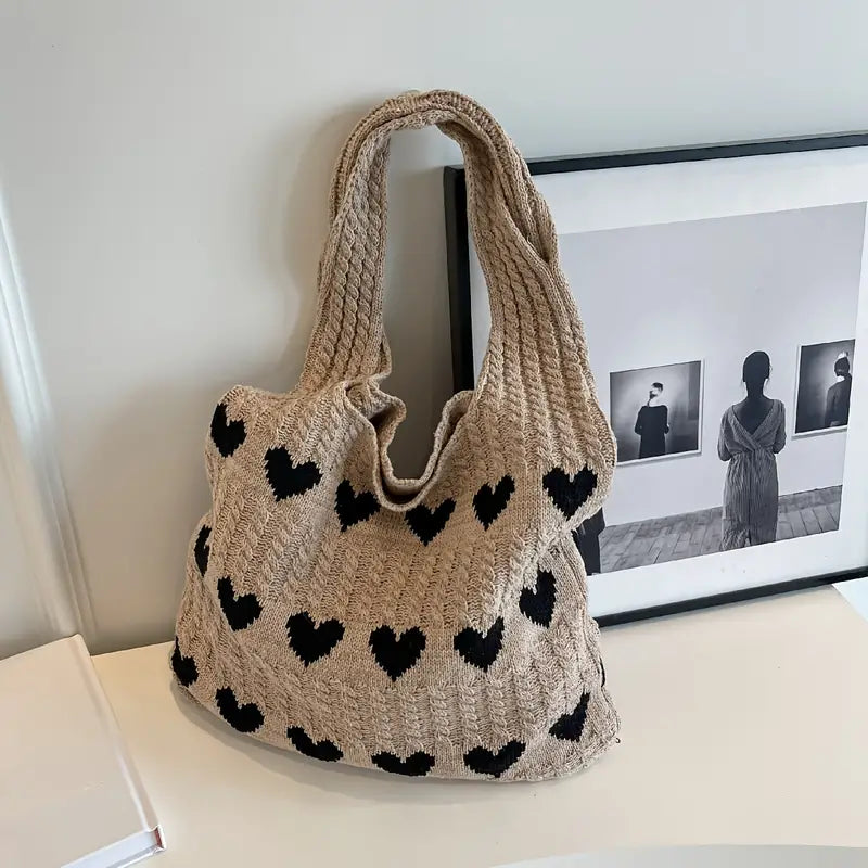 Stricktasche | Nachhaltige Einkaufstasche mit Herzmuster für Alltag und Shopping