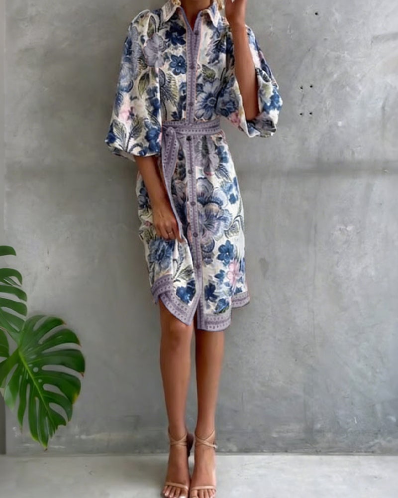 Damen A-Linien Kleid mit Print | Knielanges Kleid mit Reverskragen &amp; Laternenärmeln | Elegant für Frühling &amp; Sommer