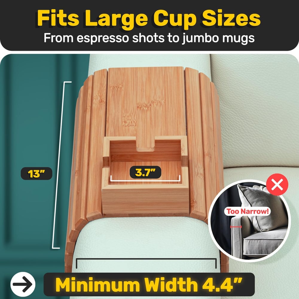 Bambus Armlehnen Tablett für Sofa | Getränkehalter &amp; Sofa Organizer zum Anklemmen | Rutschfeste Ablage aus Bambus