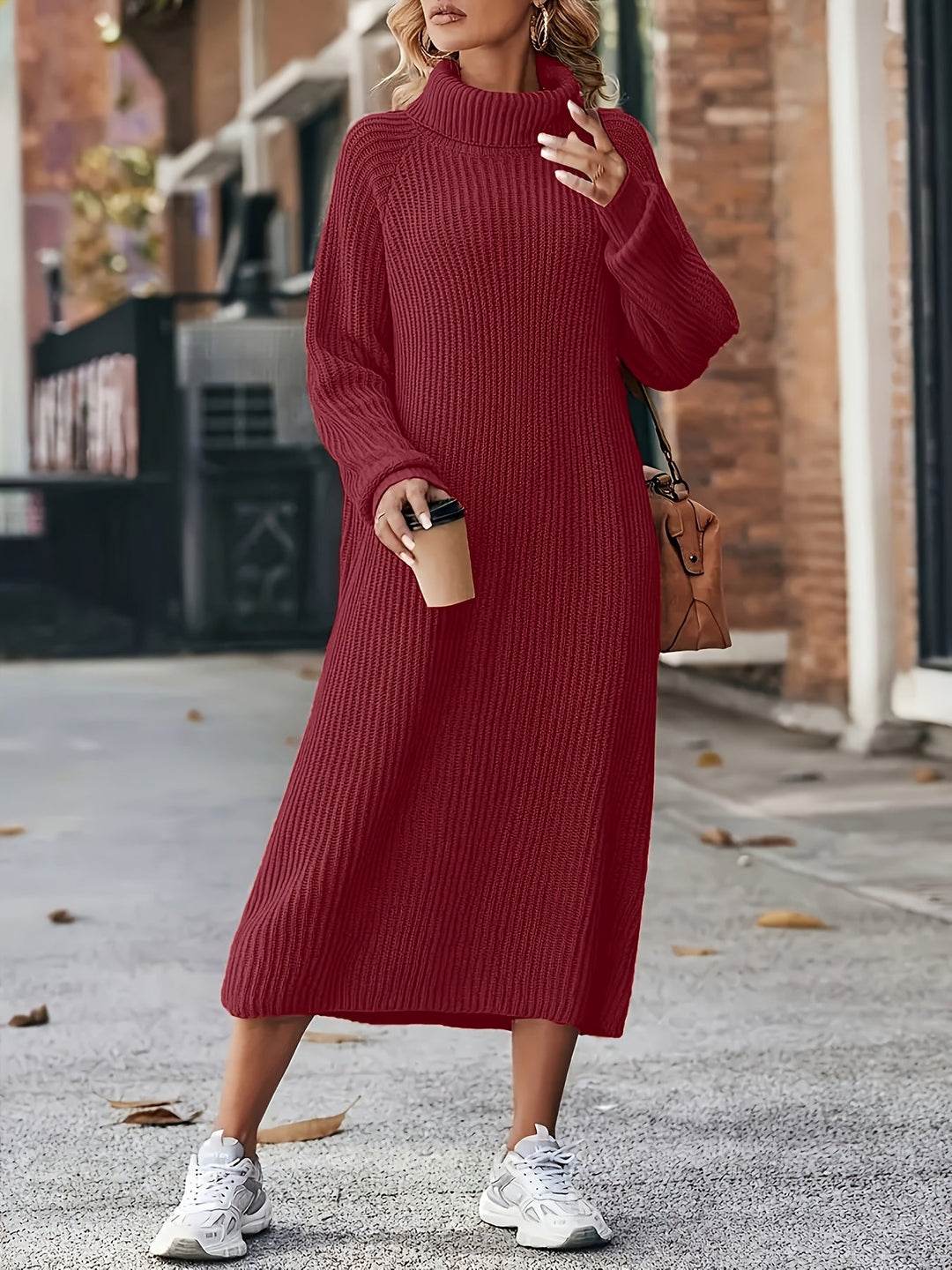 Damen Strickkleid Midi mit Rollkragen | Warmes Langarm-Pulloverkleid mit lockerer Passform und Raglanärmeln für Herbst und Winter