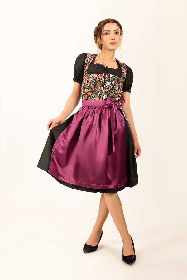 Dirndl Midi Damen Lila Floral | Trachtenkleid mit Blumenmuster, strukturiertem Mieder und Schürze für Oktoberfest
