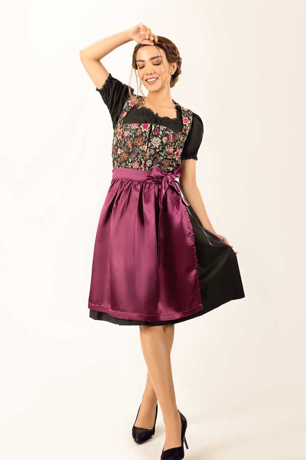 Dirndl Midi Damen Lila Floral | Trachtenkleid mit Blumenmuster, strukturiertem Mieder und Schürze für Oktoberfest