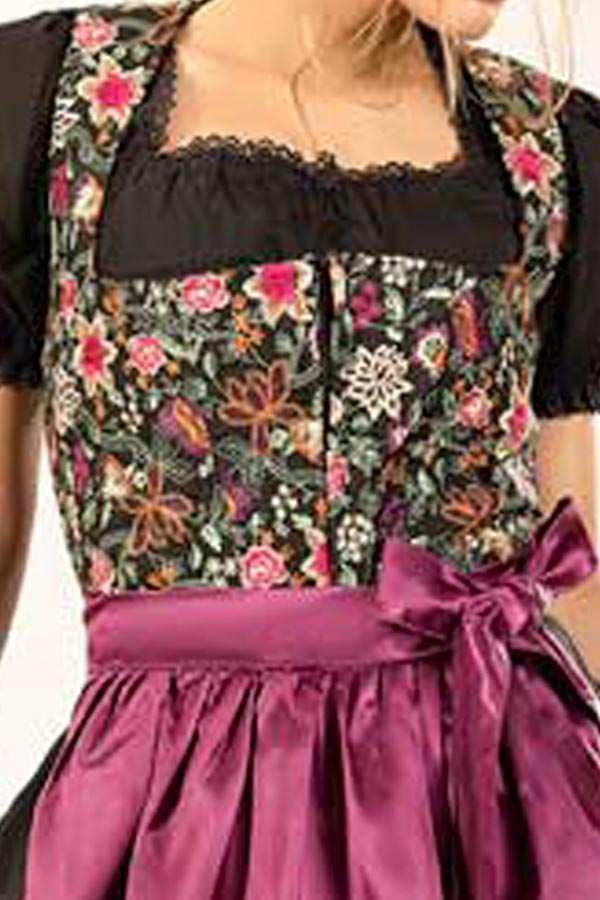 Dirndl Midi Damen Lila Floral | Trachtenkleid mit Blumenmuster, strukturiertem Mieder und Schürze für Oktoberfest