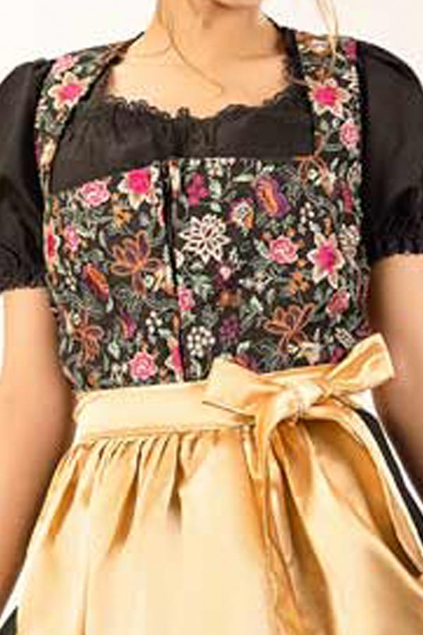Dirndl Midi Damen Gold Floral | Trachtenkleid mit Blumenmuster, strukturiertem Mieder und Schürze für Oktoberfest