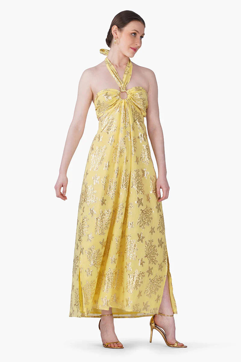 Damen Lurex Maxi-Kleid mit Neckholder | Fließendes Sommerkleid aus Baumwolle | Empire-Taille | Maritimer Lookendes Sommerkleid aus Baumwolle | Empire-Taille | Maritimer Look