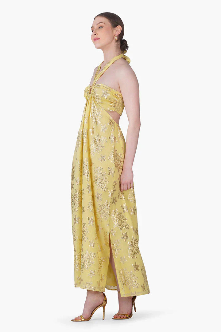 Damen Lurex Maxi-Kleid mit Neckholder | Fließendes Sommerkleid aus Baumwolle | Empire-Taille | Maritimer Lookendes Sommerkleid aus Baumwolle | Empire-Taille | Maritimer Look