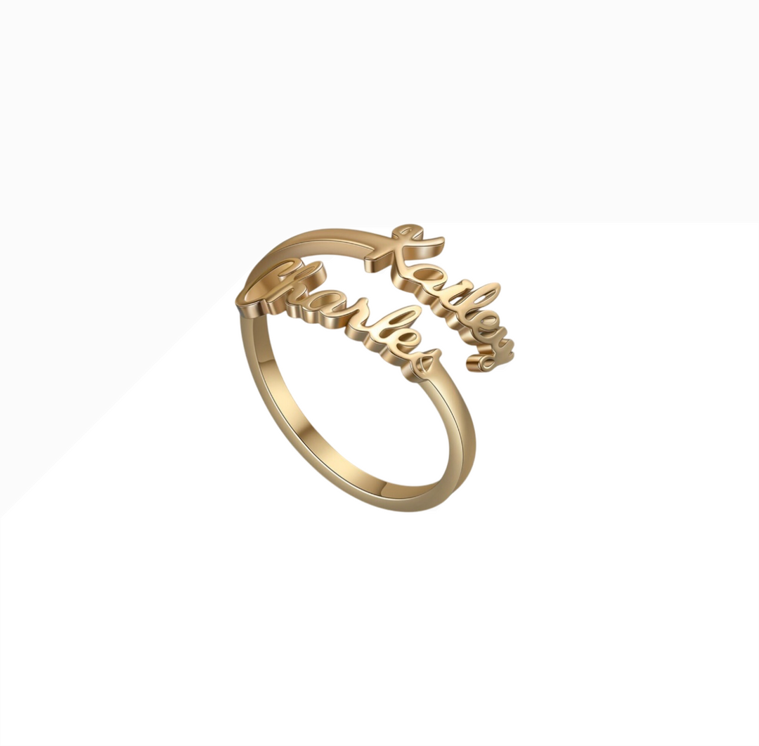 Personalisierbarer Namensring mit 2 Namen | Edelstahl mit 18K-Vergoldung | Verstellbare Größe | Gold, Silber &amp; Roségold