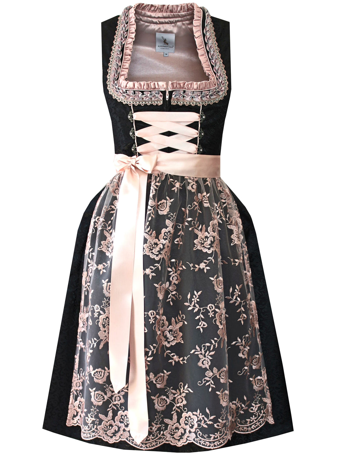 Dirndl Midi Damen | Klassisches Trachtenkleid mit Spitzenschürze, Froschmaulbordüre &amp; 60 cm Rocklänge für Oktoberfest