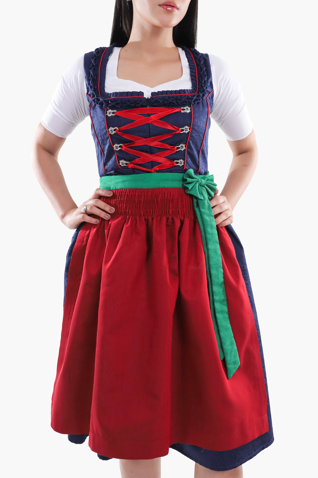 Dirndl Midi Damen | Traditionelles Trachtenkleid mit strukturiertem Mieder, Schürze und 60–70 cm Rocklänge