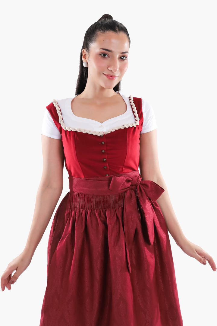 Dirndl Midi Damen | Traditionelles Trachtenkleid mit Schürze, Zierdetails und figurbetonter Passform für Oktoberfest