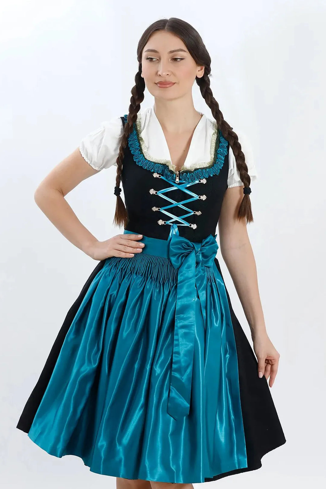 Dirndl Midi Damen | Elegantes Trachtenkleid mit Schürze, Zierdetails und figurbetonter Passform für festliche Anlässe