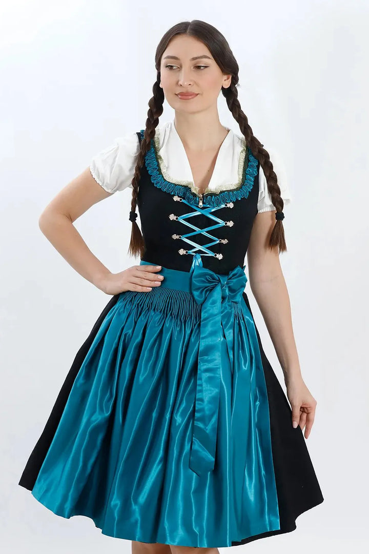 Dirndl Midi Damen | Elegantes Trachtenkleid mit Schürze, Zierdetails und figurbetonter Passform für festliche Anlässe