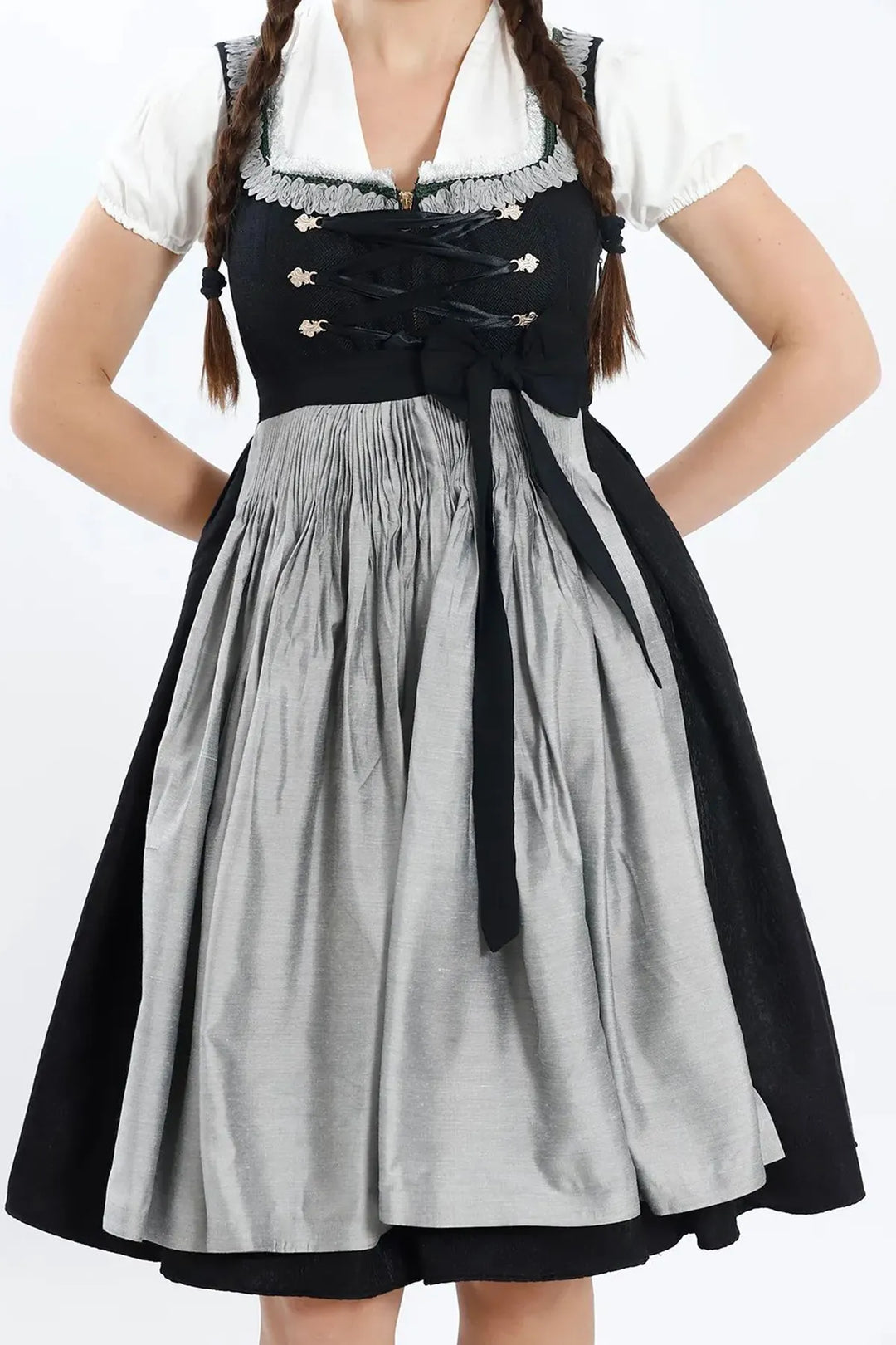 Dirndl Midi Damen | Elegantes Trachtenkleid mit Schürze, Zierdetails und figurbetonter Passform für Oktoberfest